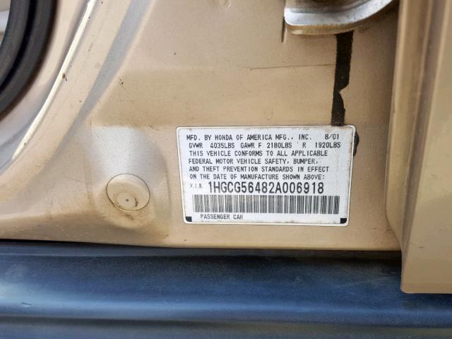 1HGCG56482A006918 - 2002 HONDA ACCORD LX TAN photo 10