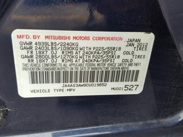 JA4AS3AW9CU019852 - 2012 MITSUBISHI OUTLANDER BLUE photo 10