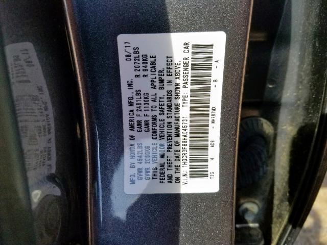 1HGCR3F88HA045731 - 2017 HONDA ACCORD EXL GRAY photo 10