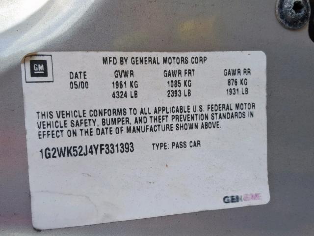 1G2WK52J4YF331393 - 2000 PONTIAC GRAND PRIX GRAY photo 10
