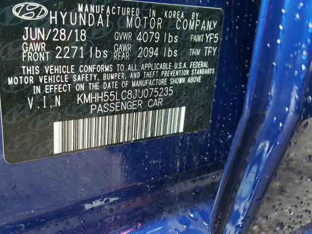 KMHH55LC8JU075235 - 2018 HYUNDAI ELANTRA GT BLUE photo 10