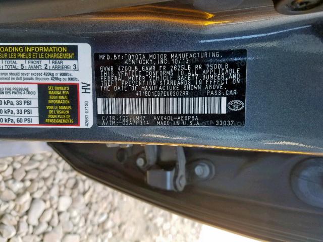 4T1BD1EB7EU020299 - 2014 TOYOTA AVALON HYB GRAY photo 10