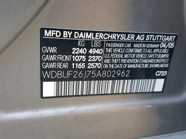 WDBUF26J75A802962 - 2005 MERCEDES-BENZ E 320 CDI SILVER photo 10