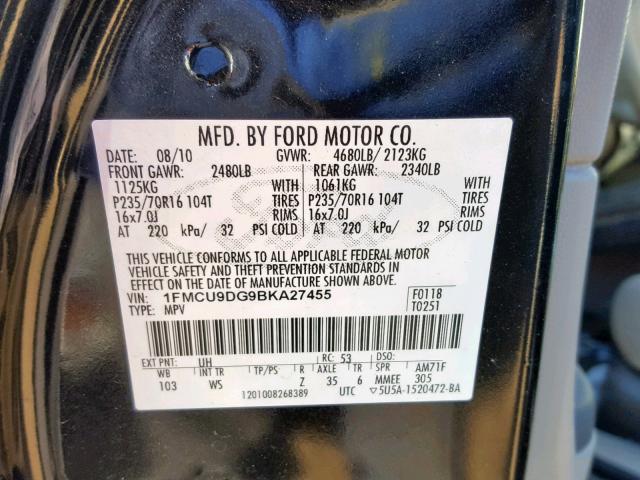 1FMCU9DG9BKA27455 - 2011 FORD ESCAPE XLT BLACK photo 10