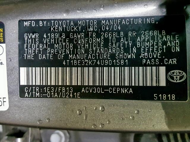 4T1BE32K74U901581 - 2004 TOYOTA CAMRY LE GRAY photo 10