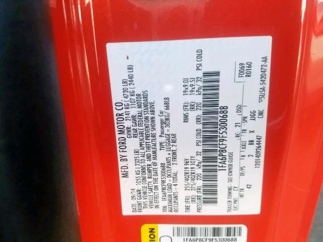 1FA6P8CF9F5300688 - 2015 FORD MUSTANG GT RED photo 10