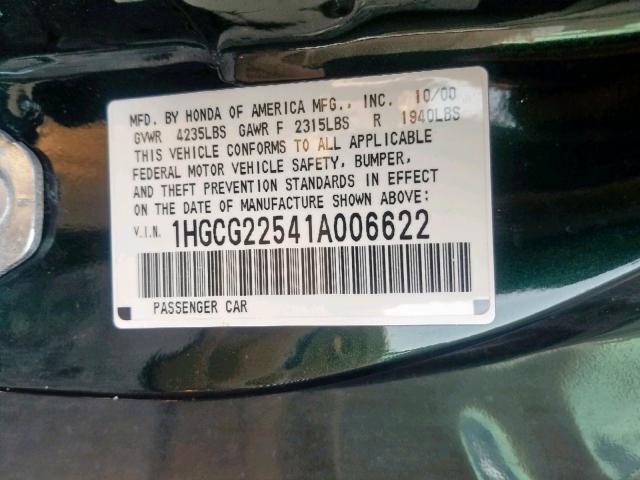 1HGCG22541A006622 - 2001 HONDA ACCORD EX BLACK photo 10