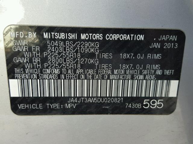 JA4JT3AW5DU020821 - 2013 MITSUBISHI OUTLANDER GRAY photo 10