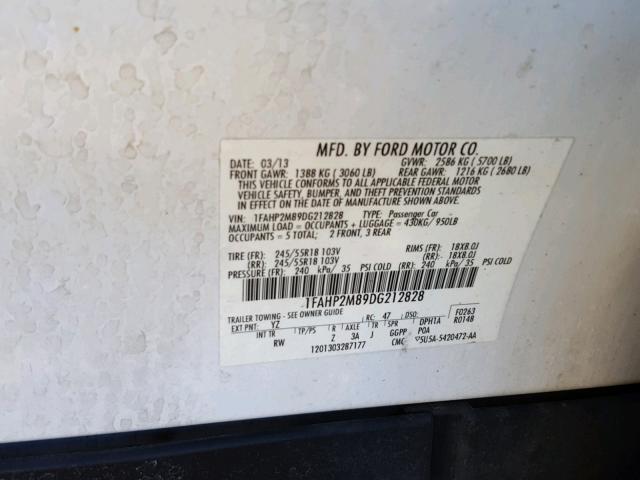 1FAHP2M89DG212828 - 2013 FORD TAURUS POL WHITE photo 10