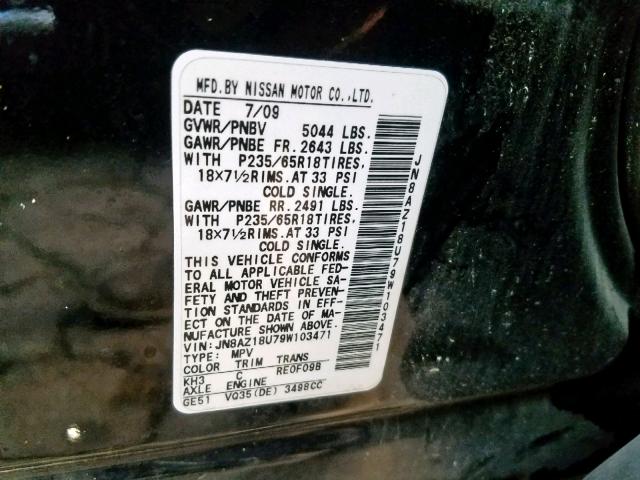 JN8AZ18U79W103471 - 2009 NISSAN MURANO S BLACK photo 10