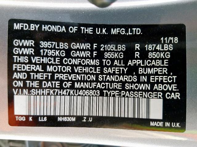 SHHFK7H47KU406803 - 2019 HONDA CIVIC SPOR SILVER photo 10