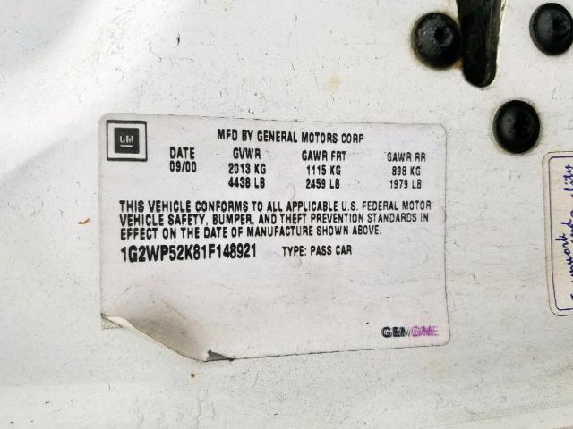 1G2WP52K81F148921 - 2001 PONTIAC GRAND PRIX WHITE photo 10