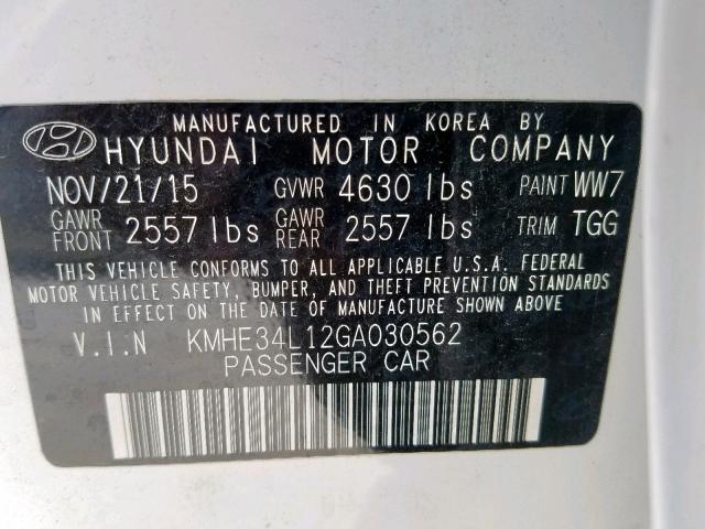 KMHE34L12GA030562 - 2016 HYUNDAI SONATA HYB WHITE photo 10