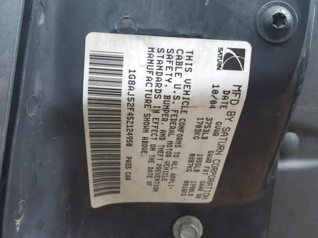 1G8AJ52F45Z124950 - 2005 SATURN ION LEVEL GRAY photo 10