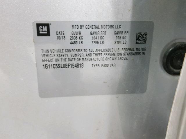 1G11C5SL0EF154818 - 2014 CHEVROLET MALIBU 1LT 银色 照片 10