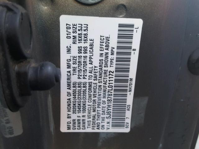 5J6YH18787L011172 - 2007 HONDA ELEMENT EX GRAY photo 10