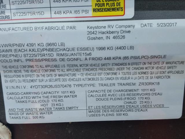 4YDT30R26JS370476 - 2018 KEYSTONE ZINGER GRAY photo 10