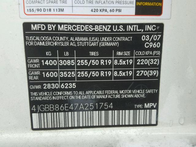 4JGBB86E47A251754 - 2007 MERCEDES-BENZ ML 350 WHITE photo 10