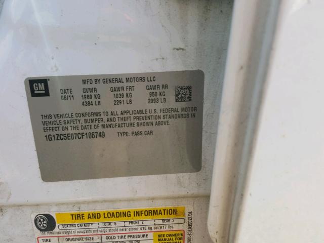 1G1ZC5E07CF106749 - 2012 CHEVROLET MALIBU 1LT WHITE photo 10