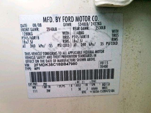 2FMDK38C18BB47980 - 2008 FORD EDGE SEL CREAM photo 10