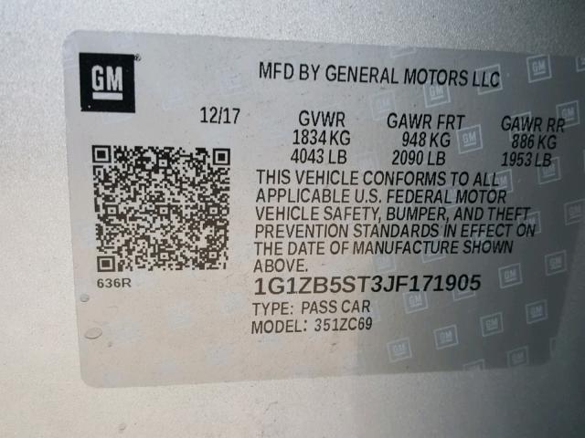 1G1ZB5ST3JF171905 - 2018 CHEVROLET MALIBU LS ვერცხლისფერი ფოტო 10