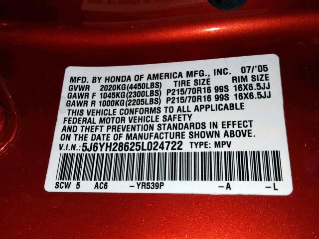 5J6YH28625L024722 - 2005 HONDA ELEMENT EX ORANGE photo 10