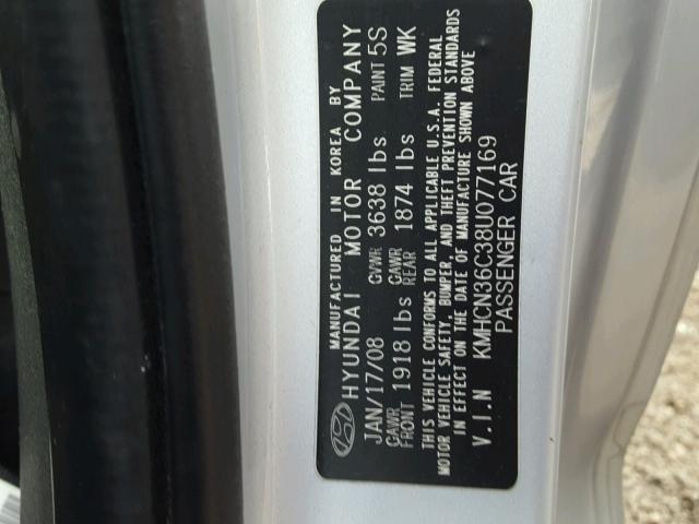 KMHCN36C38U077169 - 2008 HYUNDAI ACCENT SE SILVER photo 10