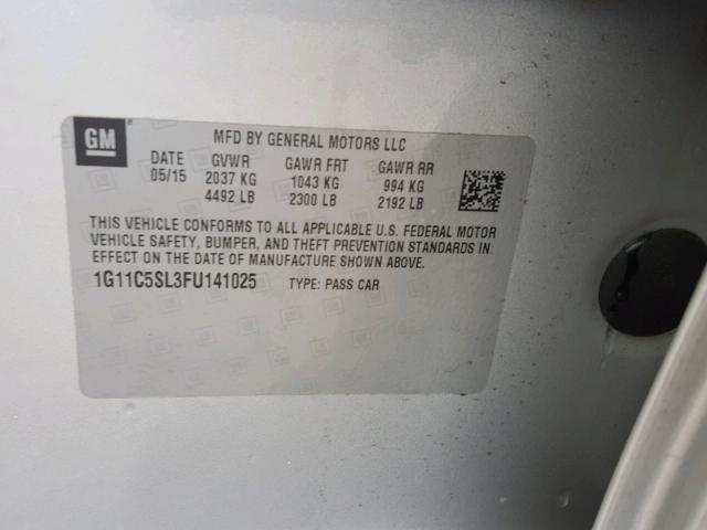 1G11C5SL3FU141025 - 2015 CHEVROLET MALIBU 1LT SILVER photo 10