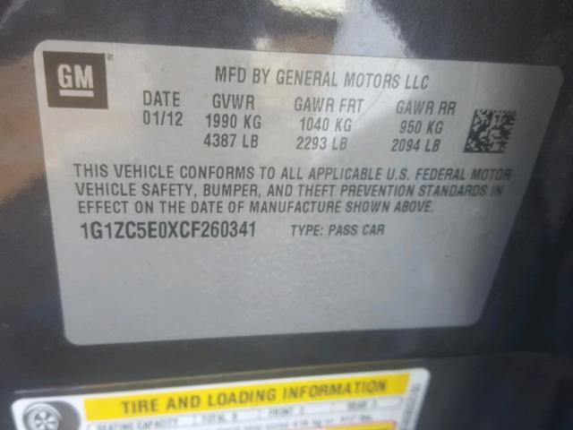 1G1ZC5E0XCF260341 - 2012 CHEVROLET MALIBU 1LT BLACK photo 10