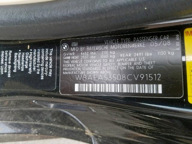 WBAEA53508CV91512 - 2008 BMW 650 I BLACK photo 10