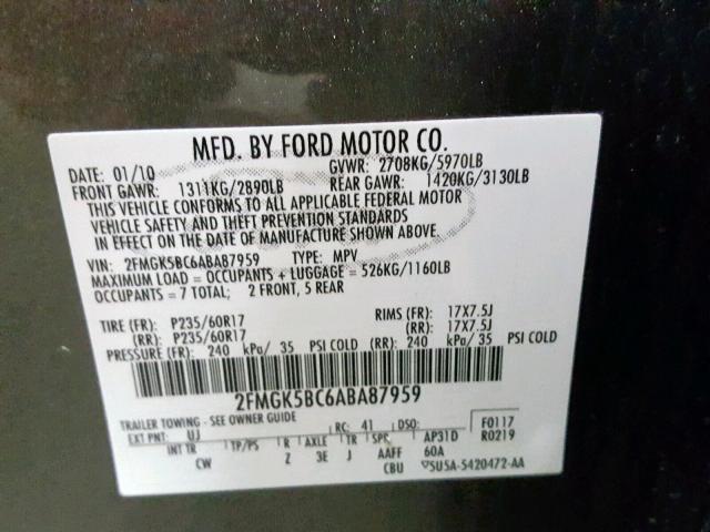 2FMGK5BC6ABA87959 - 2010 FORD FLEX SE SILVER photo 10