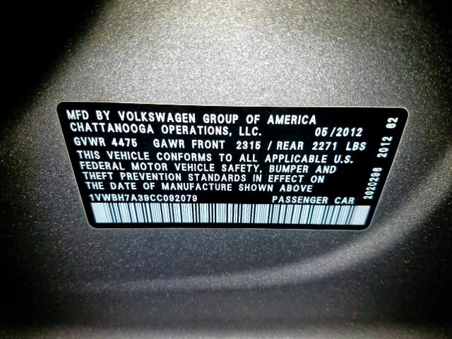 1VWBH7A39CC092079 - 2012 VOLKSWAGEN PASSAT SE GRAY photo 10