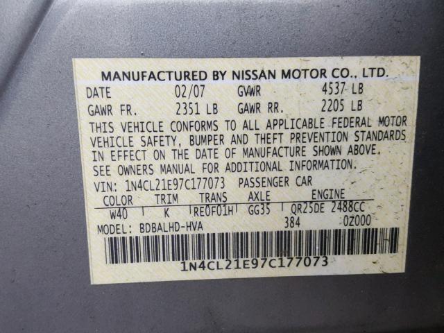 1N4CL21E97C177073 - 2007 NISSAN ALTIMA HYB GRAY photo 10