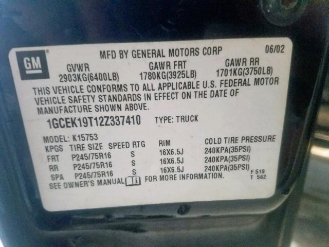 1GCEK19T12Z337410 - 2002 CHEVROLET SILVERADO BLACK photo 10