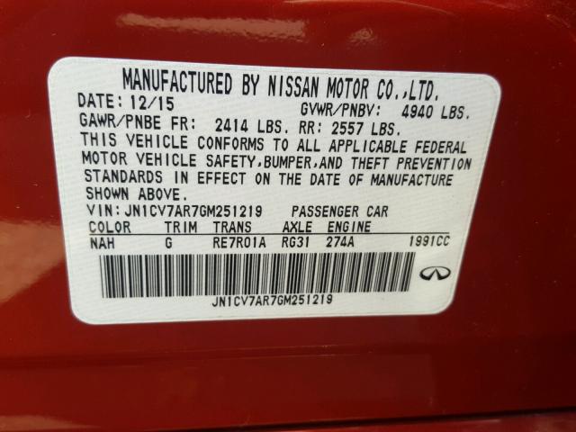 JN1CV7AR7GM251219 - 2016 INFINITI Q50 BASE RED photo 10