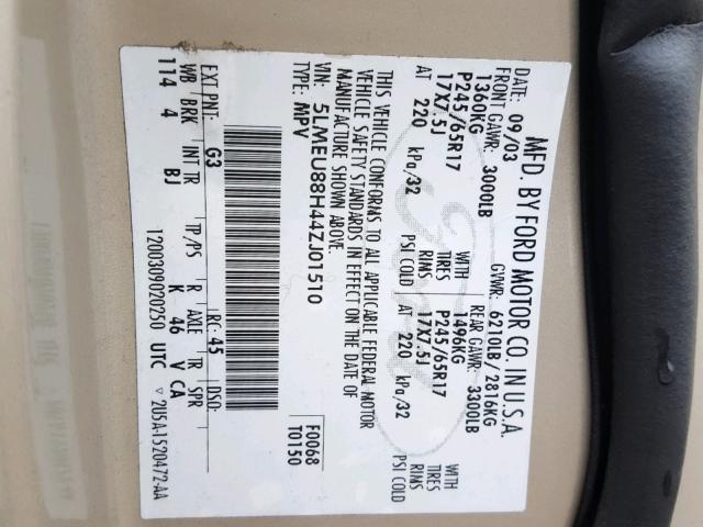 5LMEU88H44ZJ01510 - 2004 LINCOLN AVIATOR 棕色 照片 10