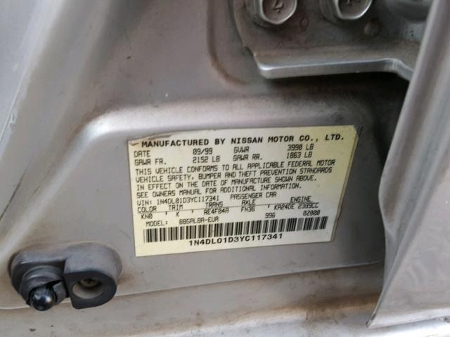 1N4DL01D3YC117341 - 2000 NISSAN ALTIMA XE SILVER photo 10