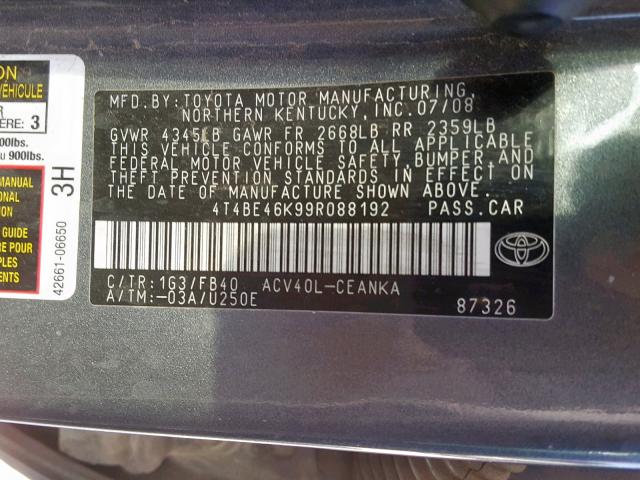 4T4BE46K99R088192 - 2009 TOYOTA CAMRY BASE SILVER photo 10