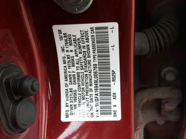 1HGFA16949L006769 - 2009 HONDA CIVIC EXL RED photo 10