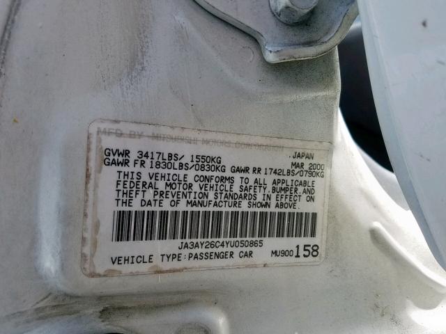 JA3AY26C4YU050865 - 2000 MITSUBISHI MIRAGE DE WHITE photo 10