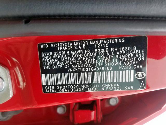 VNKKTUD31GA058268 - 2016 TOYOTA YARIS L RED photo 10