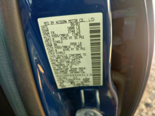 5N1ED28T83C693113 - 2003 NISSAN XTERRA XE BLUE photo 10