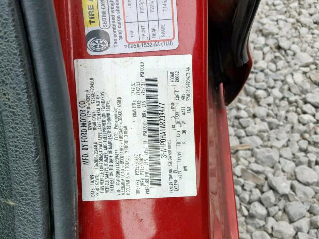 3FAHP0HA1AR239477 - 2010 FORD FUSION SE RED photo 10