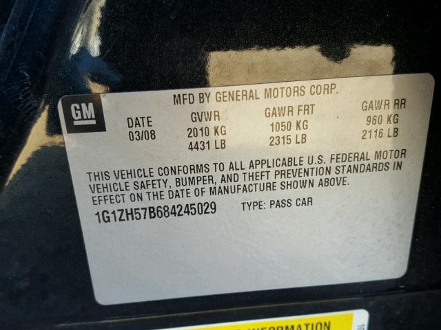 1G1ZH57B684245029 - 2008 CHEVROLET MALIBU 1LT BLACK photo 10