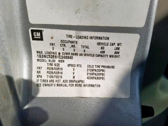 1G3NL52E61C248840 - 2001 OLDSMOBILE ALERO GL SILVER photo 10