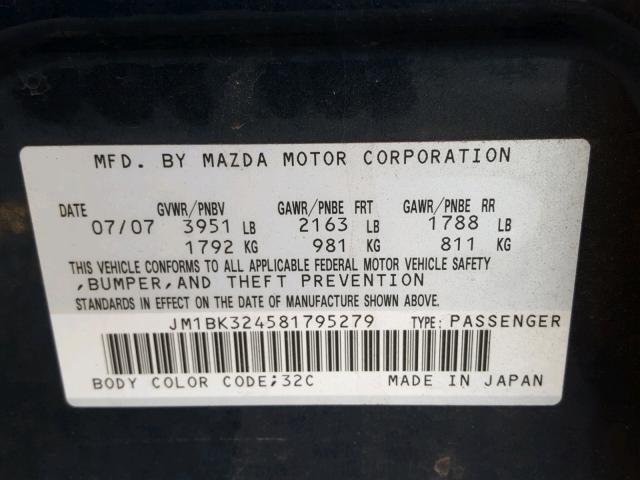 JM1BK324581795279 - 2008 MAZDA 3 S BLUE photo 10