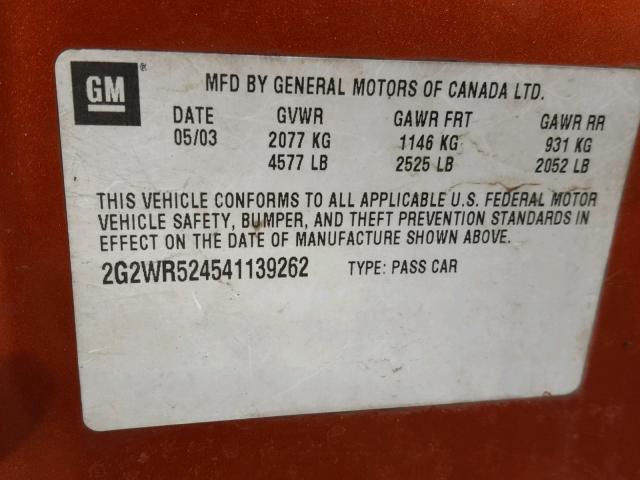 2G2WR524541139262 - 2004 PONTIAC GRAND PRIX ORANGE photo 10