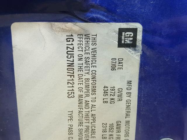 1G1ZU57N07F121153 - 2007 CHEVROLET MALIBU LTZ ლურჯი ფოტო 10