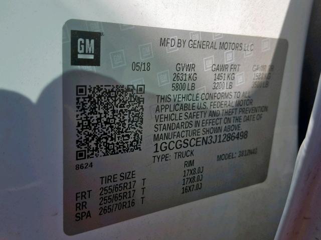 1GCGSCEN3J1286498 - 2018 CHEVROLET COLORADO L WHITE photo 10