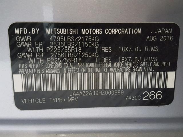 JA4AZ2A39HZ000689 - 2017 MITSUBISHI OUTLANDER SILVER photo 10